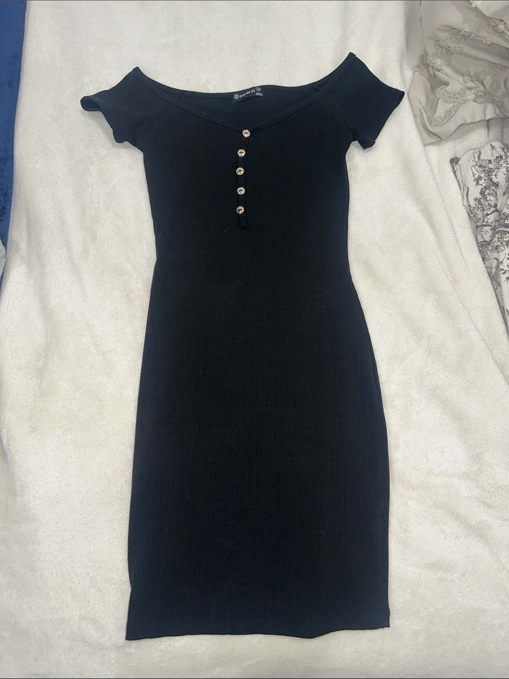 Off-Shoulder Black Ribbed Button-Front Mini Dress